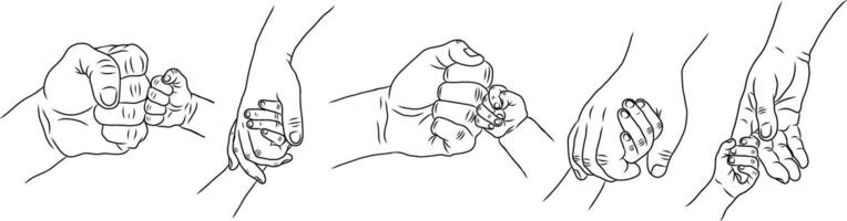 set of illustrations in line art of father and son, father's day celebration background, father and son hands, hands in fist, father holding son hands vector