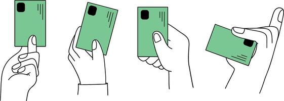 set of simple illustrations in line art or doodle style of hands holding credit cards vector