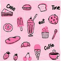 Collection of doodle style illustrations of desserts or bakery or cafe elements vector