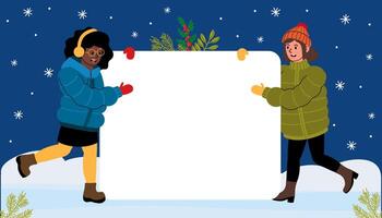 Two friends carry a blank sign in a winter wonderland setting with snow and greenery vector