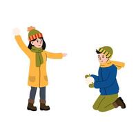 Children playing in the snow with snowballs during a winter afternoon vector