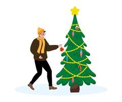 Man decorates a Christmas tree with ornaments in a winter setting vector