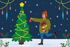 Festive joy with a bear and Christmas tree in a winter wonderland setting vector