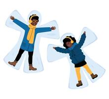 Kids enjoying winter by making snow angels on a snowy day in the park vector