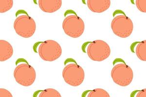 Pattern of illustrated peaches with green leaves on a white background in a vibrant design vector