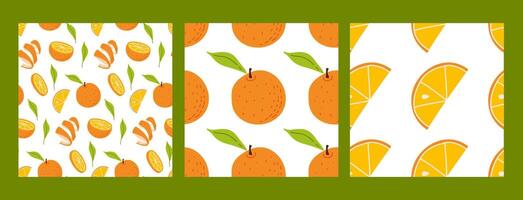 Bright and cheerful patterned designs featuring oranges, slices, and leaves on a white background vector