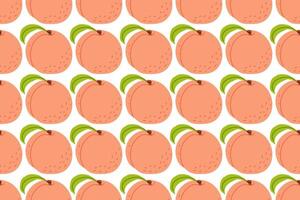 Pattern of repeating peach illustrations with green leaves on a simple white background vector