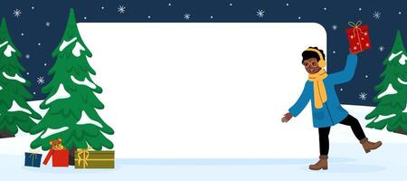 Celebrating winter festivities with joy and gifts in a snowy landscape vector