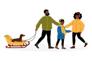 Family enjoying a winter stroll with a dog on a sled in a snowy setting vector