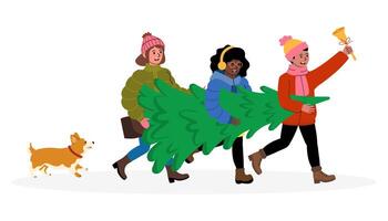 Three friends joyfully carry a Christmas tree while a dog happily follows during the winter season vector