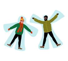 Two friends making snow angels during winter in a snowy park vector