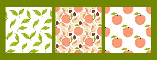 Colorful patterns featuring peaches, leaves, and fruit slices on a vibrant background vector