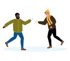 Friends engaged in a playful snowball fight during winter fun in a snowy setting vector