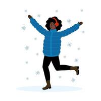 Joyful winter celebration with snowflakes and vibrant outfit in a snowy setting vector