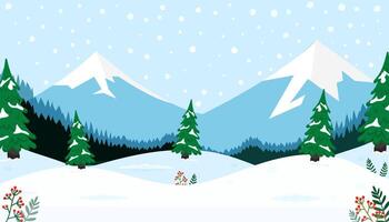 Snowy mountain landscape with evergreen trees and gentle snowfall during winter season vector