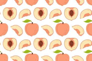 Colorful peach pattern with whole and sliced fruits on a white background vector