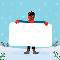 Winter scene with a child holding a blank sign in a snowy landscape vector