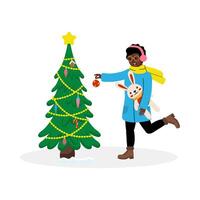 Joyful decoration of a Christmas tree with a bunny companion in winter setting vector