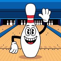 Smiling bowling pin character waving on a bowling lane. vector