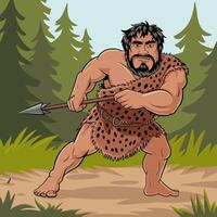 Primitive caveman holding a spear, ready to hunt in the forest. vector