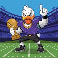 Victory duck mascot holding a trophy on a football field. vector