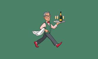 Smiling waiter carrying champagne and glasses . vector