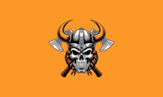 Viking skull with helmet, horns, and crossed axes . vector