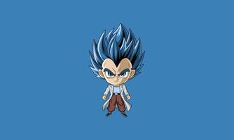 Chibi-style character with spiky blue hair on blue background. vector