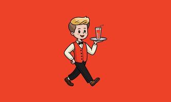 Cheerful waiter carrying a tray with a drink in motion. vector