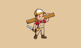 Smiling young carpenter with tools and a wooden plank. vector