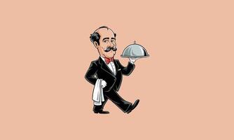 Elegant waiter with mustache carrying a covered food tray. vector