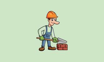 Smiling construction worker laying bricks with a trowel. vector