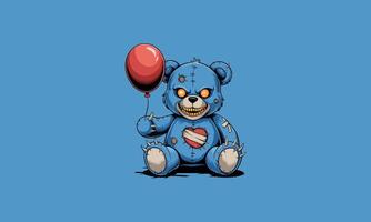 Creepy blue teddy bear with glowing eyes and a balloon. vector