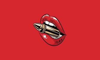 Bold red lips biting a golden bullet on red background. vector