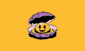 Happy pearl emoji inside an open shell on yellow background. vector