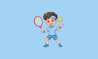 Happy boy playing tennis with a racket and ball . vector