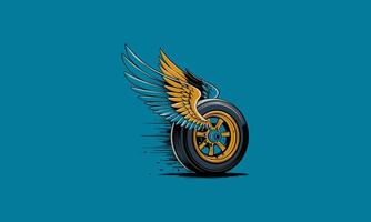 Golden wheel with colorful wings on a teal background. vector