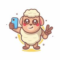 smiling sheep character mascot taking a selfie with a smartphone isolated cartoon vector