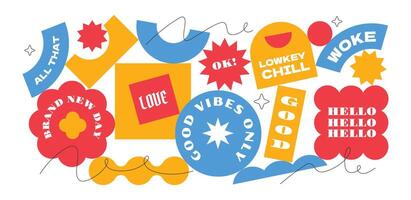 Geometric shapes design background. . Colorful gen z and millenials slang stickers, tags, labels. vector