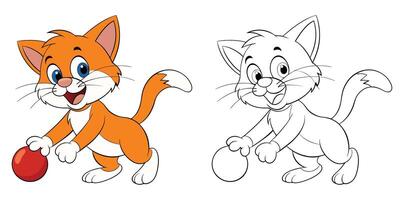 Cute Yellow Cat Playing Ball Cartoon Outline Coloring Page For Kids vector