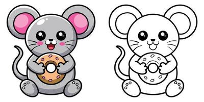 Cute Rat Holding Donut Cartoon Outline Coloring Page For Kids vector