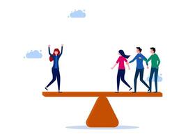 people standing on a balance scale with one person standing on one side and another standing on the other vector