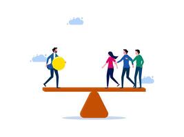 people standing on a balance scale with a yellow coin vector