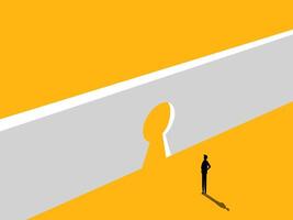 Career Solutions. Businessman Standing in Front of Keyhole. vector