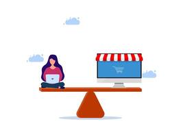 a woman sitting on a table with a laptop and a shopping cart vector