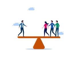 people standing on a balance scale with one person standing on one side and another standing on the other vector