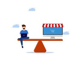 man sitting on a table with laptop and shopping cart vector
