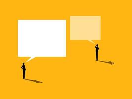 power of speech, conversation, meeting. Two businessmen with big and small speech bubbles. vector