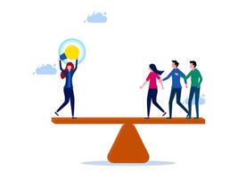 people on a balance scale with a light bulb vector