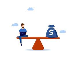man sitting on a balance with money bag on top vector
